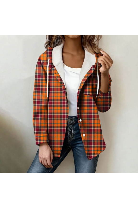 Zip Up Jacket Women Plaid Shacket Long Sleeve Sherpa Fleece Jacket with Pockets Fall Coats Winter Clothing Orange XXL