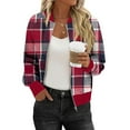 thumbnail image 1 of Zip Up Jacket for Women Lightweight Windproof Bomber Jackets Fashion Plaid Printed Baseball Coat Boyfriend Loose Fit Outerwear, 1 of 5