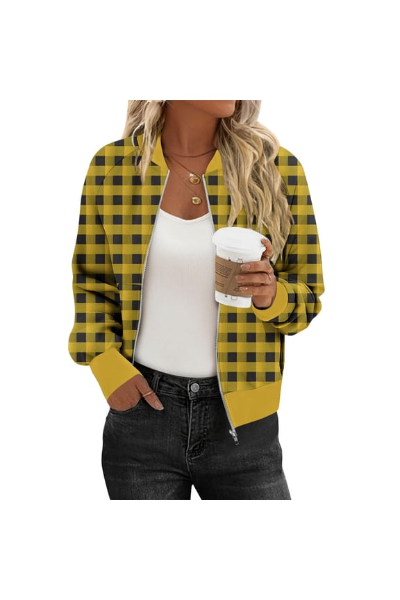 Zip Up Jacket for Women Lightweight Windproof Bomber Jackets Fashion Plaid Printed Baseball Coat Boyfriend Loose Fit Outerwear