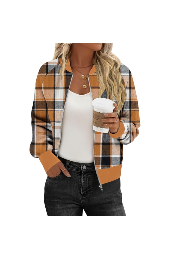 Zip Up Jacket for Women Lightweight Windproof Bomber Jackets Fashion Plaid Printed Baseball Coat Boyfriend Loose Fit Outerwear