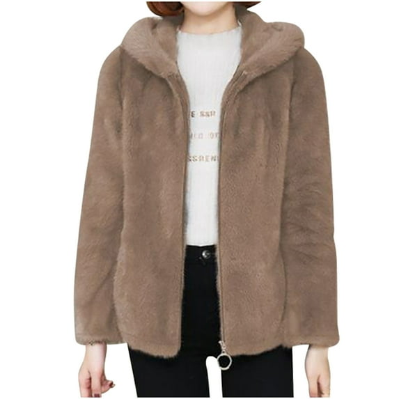 Zip Up Jacket for Women Winter Fuzzy Fleece Hooded Coat Long Sleeve Cardigan Trendy Outwear Casual Outerwear (XXL, Coffee)