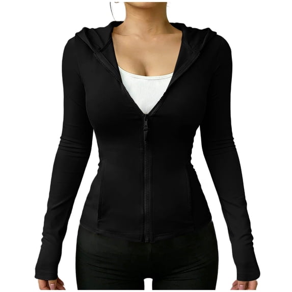 Zip Up Jackets Womens Athletic Lightweight 2026 Workout Hoodies Spring Shirt Fitted Gym Clothes with Pocket Black L