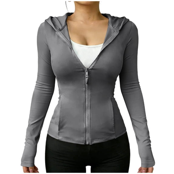Zip Up Jackets Womens Athletic Lightweight 2026 Workout Hoodies Spring Shirt Fitted Gym Clothes with Pocket Gray S