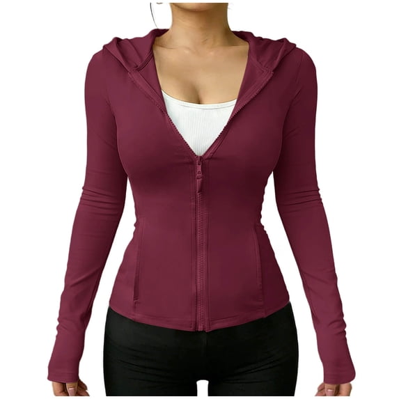 Zip Up Jackets Womens Athletic Lightweight 2026 Workout Hoodies Spring Shirt Fitted Gym Clothes with Pocket Wine 2XL
