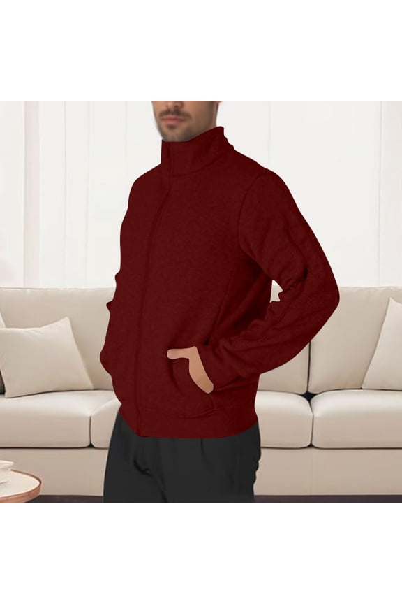 Zip Up Jackets for Men with Pockets and Zipper Long Sleeve Sweatshirts Fleece Lined Solid Color Mock Neck Thermal Warm Post-Surgery Outerwear Coats