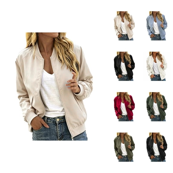 Zip Up Jackets for Women Long Sleeve Casual Lightweight Fall Coat Outerwear Bomber Jacket with Pockets