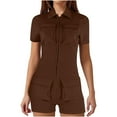 thumbnail image 1 of Zip Up Jumpsuits For Women Bodycon Romper Trendy Short Sleeve Bodycon Solid Color Short Romper Pants One Piece Jumpsuits Clubwear With Multiple Pockets, 1 of 4