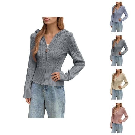 Zip Up Knit Cardigan Long Sleeve Sweater Outerwear Short Casual Jacket Cardigan Sweaters for Women