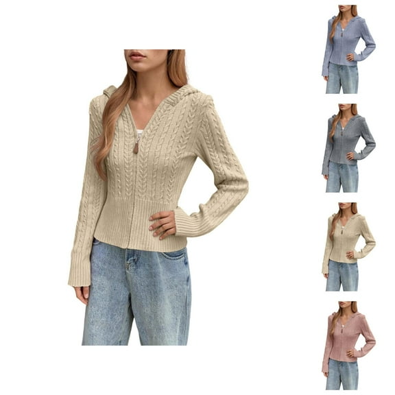 Zip Up Knit Cardigan Long Sleeve Sweater Outerwear Short Casual Jacket Cardigan Sweaters for Women