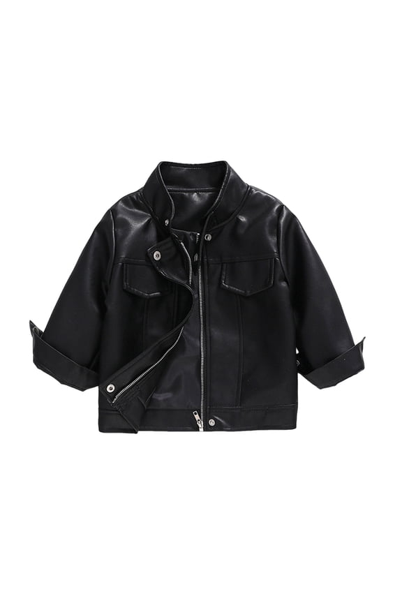 Zip-Up Leather Jacket for Boys Pu Coat for Fall Stand Up Collared Jacket with Bust Pockets Vintage Bomber Blazer Black 8-9 Years