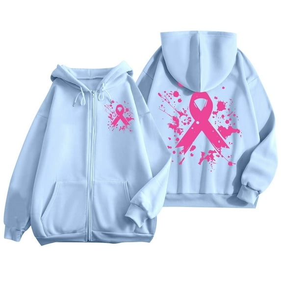 Zip Up Pink Ribbon Hoodie Women Oversized Y2k Sweatshirt Casual Long Sleeve Fleece Jacket Lightweight Fall Hoodies with Pockets (Sky Blue, XXL)