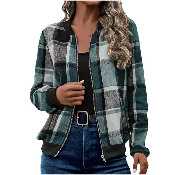 Zip Up Plaid Jackets for Women with Pockets - Lightweight Everyday Zipper Sweatshirt No Hood for Fall Winter Clothes