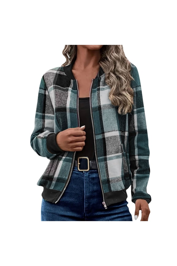 Zip Up Plaid Jackets for Women with Pockets - Lightweight Everyday Zipper Sweatshirt No Hood for Fall Winter Clothes