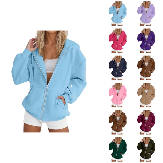 Zip Up Plain Hoodie for Women 2025 Casual Long Sleeve Solid Color Hooded Sweatshirt with Pockets Jacket Coat