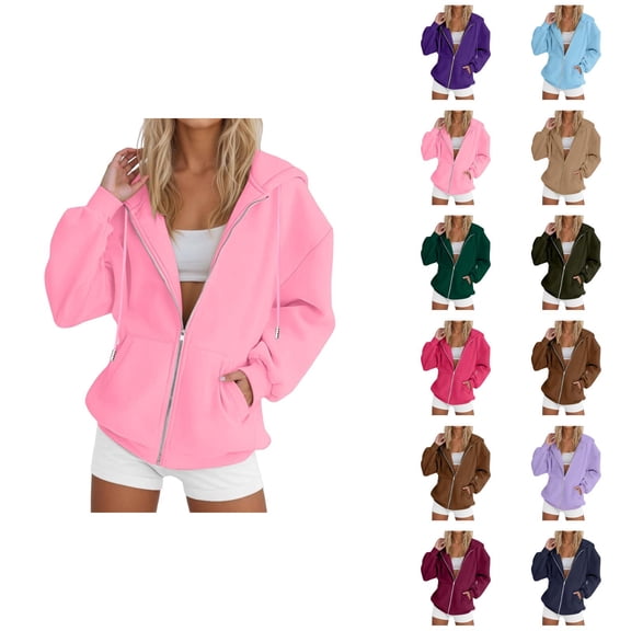 Zip Up Plain Hoodie for Women 2026 Fashion Fall Winter Solid Color Hooded Sweatshirt with Pockets Jacket Coat