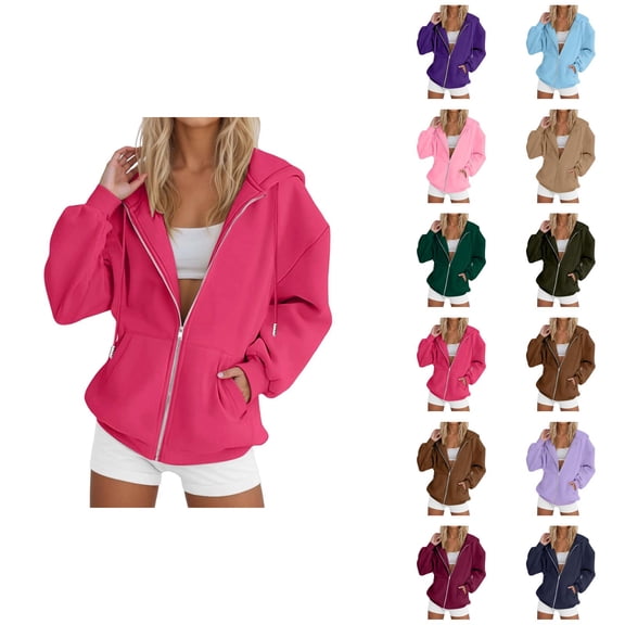 Zip Up Plain Hoodie for Women 2026 Fashion Fall Winter Solid Color Hooded Sweatshirt with Pockets Jacket Coat