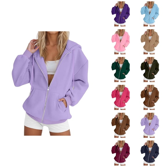 Zip Up Plain Hoodie for Women 2026 Fashion Fall Winter Solid Color Hooded Sweatshirt with Pockets Jacket Coat