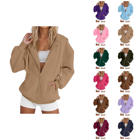Zip Up Plain Hoodie for Women 2026 Fashion Fall Winter Solid Color Hooded Sweatshirt with Pockets Jacket Coat