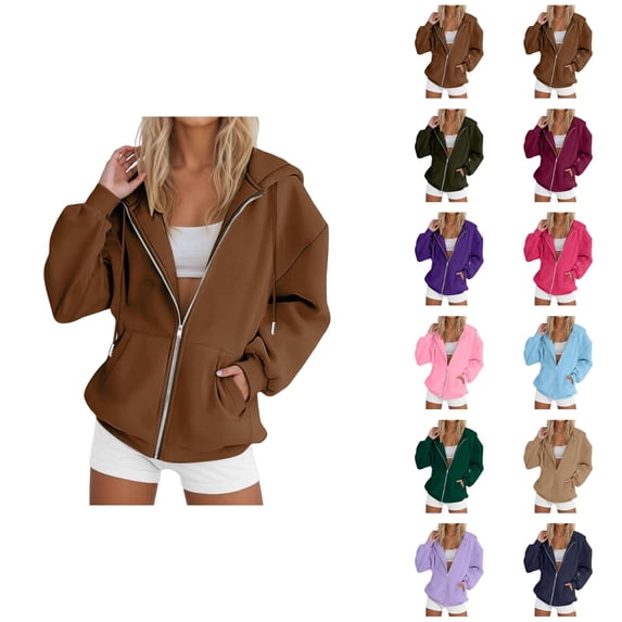 Zip Up Plain Hoodie for Women 2026 Fashion Fall Winter Solid Color Hooded Sweatshirt with Pockets Jacket Coat