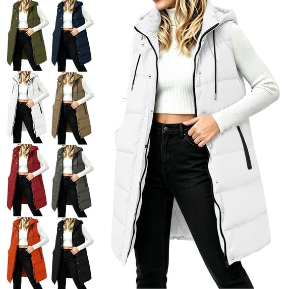 Zip Up Puffer Vest for Women,Thick Sleeveless Drawstring Hooded Casual Layering Warm Winter Outerwear Jacket,with Button and Side Zipper Pocket