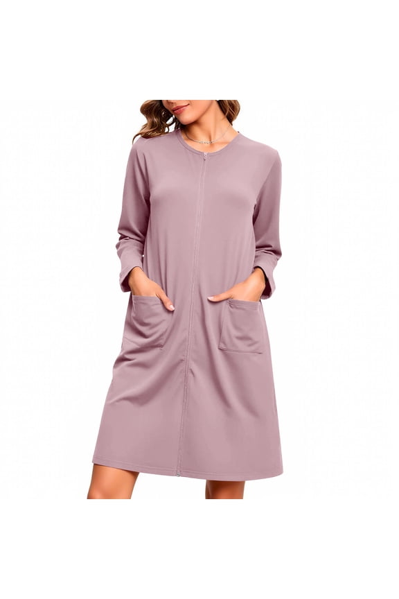 Zip Up Robes for Women Short Waffle Bathrobe Lightweight Knee Length Housecoat with Pockets Nightgown Long Sleeve Shirts