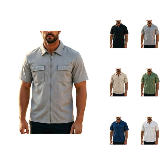 Zip Up Shirt Men Summer Short Sleeve Full Zipper Casual Collared Waffle Shirts