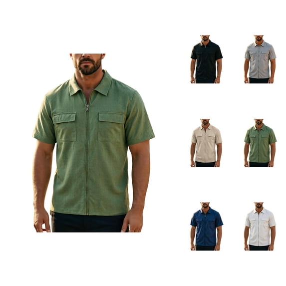 Zip Up Shirt Men Summer Short Sleeve Full Zipper Casual Collared Waffle Shirts