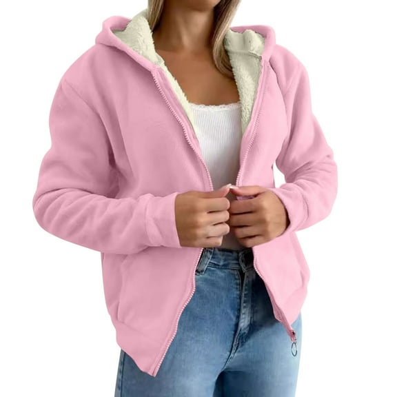 Zip Up Solid Hooded Jackets for Women Warm Sherpa Fleece Lined Coats Solid Oversized Long Sleeve Tops Fall Winter Outerwear