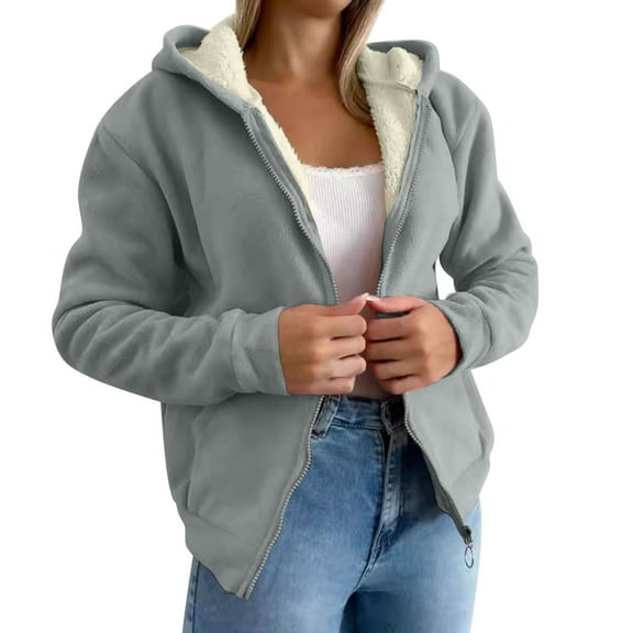 Zip Up Solid Hooded Jackets for Women Warm Sherpa Fleece Lined Coats Solid Oversized Long Sleeve Tops Fall Winter Outerwear
