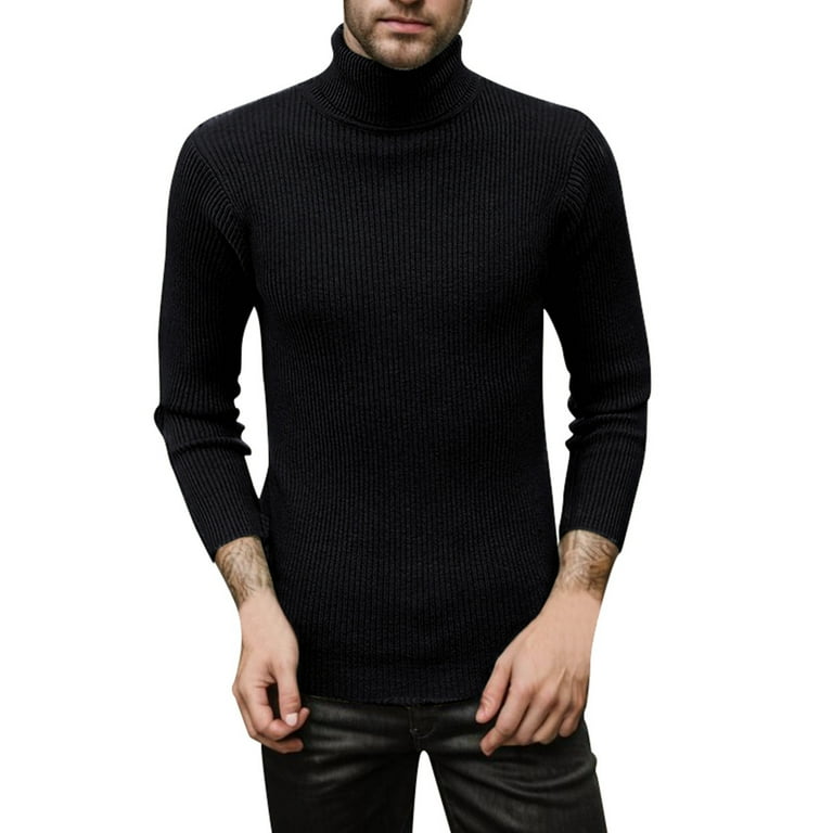 Zip Up Sweater Mens Ribbed Slim Fit Knitted Pullover Turtleneck Sweater Color Black Size L