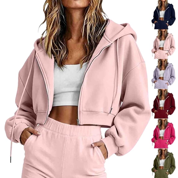 Zip Up Sweatshirt For Women Zip Long Sleeve Hooded Sweatshirt Solid Color Short Style Sports Lightweight Sweatshirt Casual Athletic Jacket