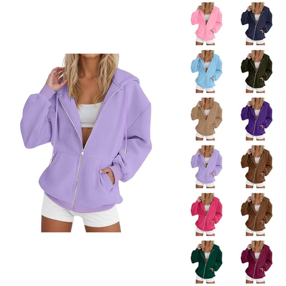 Zip Up Sweatshirt Women 2026 Fall Winter Solid Color Casual Long Sleeve Hooded Sweatshirt Jacket Coat Outerwear with Pockets