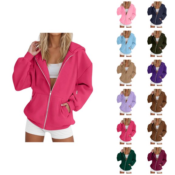 Zip Up Sweatshirt Women 2026 Fall Winter Solid Color Casual Long Sleeve Hooded Sweatshirt Jacket Coat Outerwear with Pockets