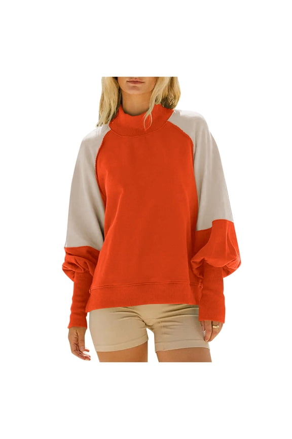 Zip Up Sweatshirt Women Fall Winter Loose Fit Mock Neck Long Sleeve Batwing One Shoulder Colorblock Leisure Cotton Sweatshirts Pullover(Orange,S)