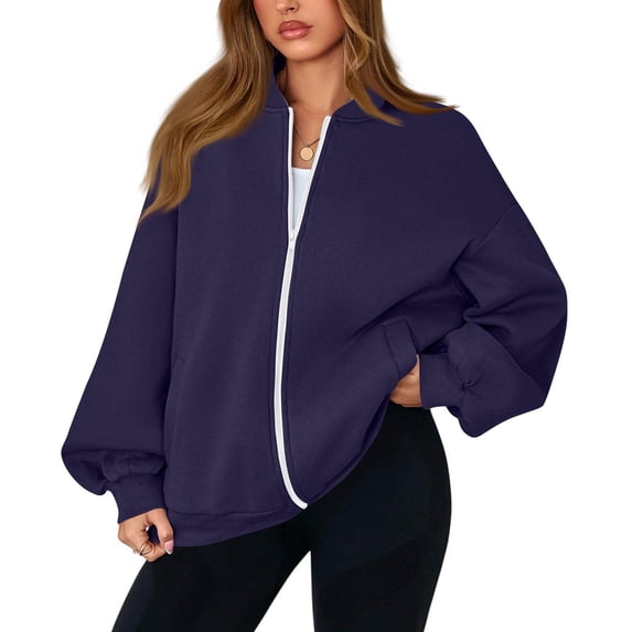 Zip Up Sweatshirt Women No Hood Comfort Oversized Sweatshirt Cardigan Jacket Zipper Hoodless Hoodies Purple M