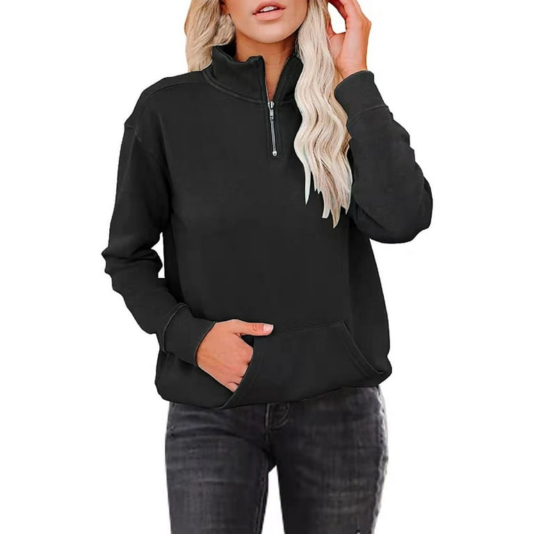 Zip Up Sweatshirt Women No Hood Fashion Casual Plain Color Long Sleeve  Shirts Loose Fit Fall Sweaters Top with Pockets