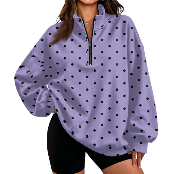 Zip Up Sweatshirt Womens Polka Dot Print Stand Collar Half Zip Pullover Shirt Long Sleeve Relaxed Fit Sweatshirt Casual Streetwear