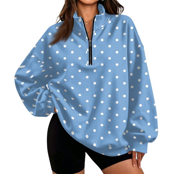 Zip Up Sweatshirt Womens Polka Dot Print Stand Collar Half Zip Pullover Shirt Long Sleeve Relaxed Fit Sweatshirt Casual Streetwear