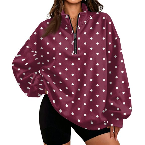Zip Up Sweatshirt Womens Polka Dot Print Stand Collar Half Zip Pullover Shirt Long Sleeve Relaxed Fit Sweatshirt Casual Streetwear