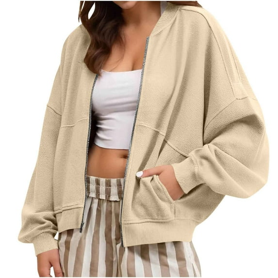 Zip Up Sweatshirts Women Long Sleeve Lightweight Jacket Fall Solid Color Trendy Casual Loose Outwear with Pockets S-2XL