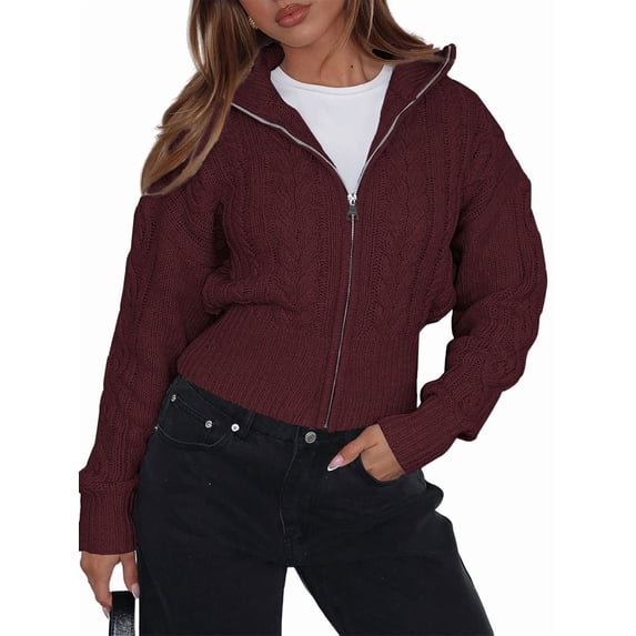 Zip Up Sweatshirts for Women Casual Outfits Cardigan Outerwear Trendy Winter Jackets Coat Wine Red L