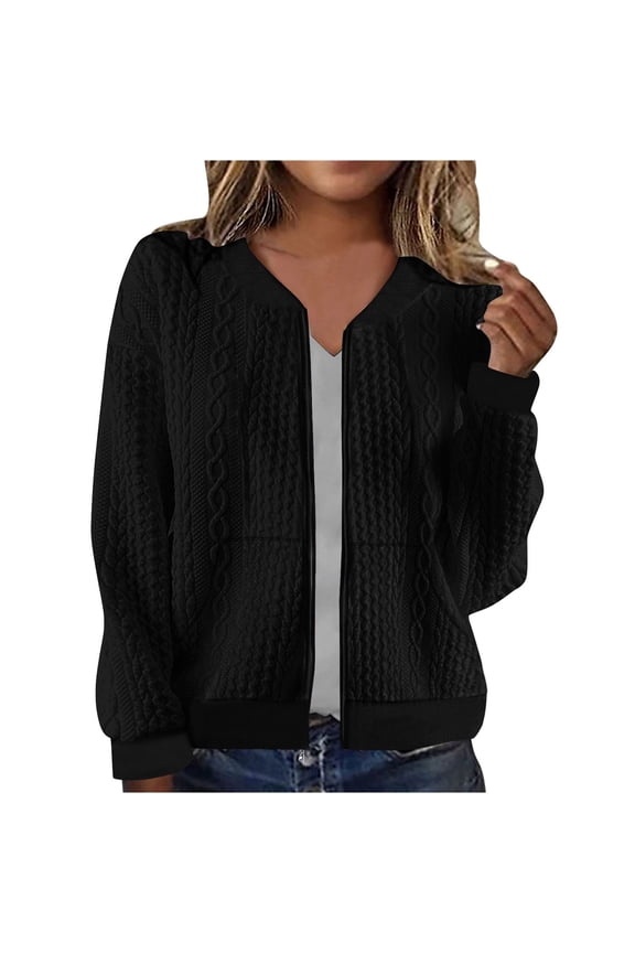 Zip Up Sweatshirts for Women Comfy Cable Knit Long Sleeve Open Front Sweaters Jacket with Pockets for Work Wear