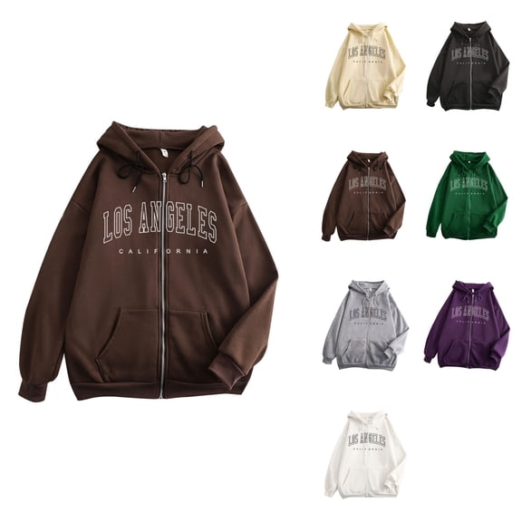 Zip-Up Women's Hoodie with Letter Print, Long Sleeve Full-Zip Sweatshirt with Pockets – Casual Los Angeles Style Top for Teen Girls