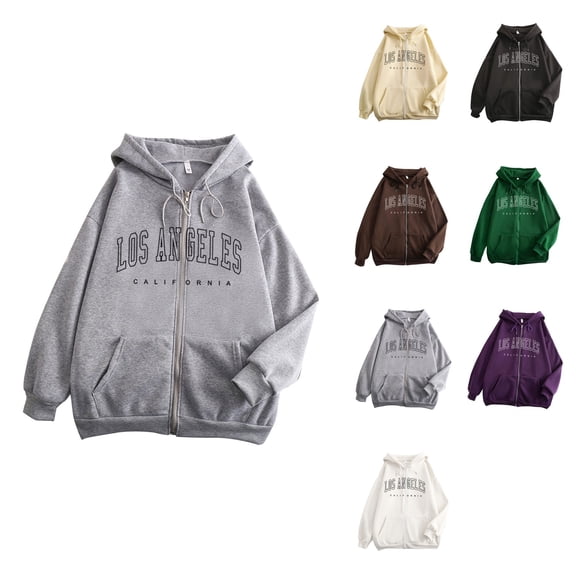 Zip-Up Women's Hoodie with Letter Print, Long Sleeve Full-Zip Sweatshirt with Pockets – Casual Los Angeles Style Top for Teen Girls