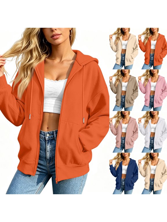 Zip Up Y2k Hoodies for Women Fall Casual Long Sleeve Sweatshirts 2026 Lightweight Comfort Soft Plus Size Jackets Orange XL