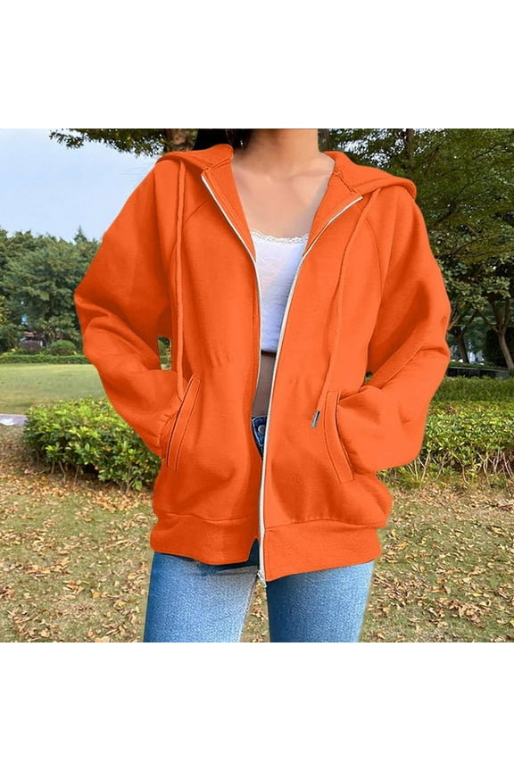 Zip Up Y2k Hoodies for Women Long Sleeve Sweatshirts Lightweight Plus Size Jackets (Orange XL)