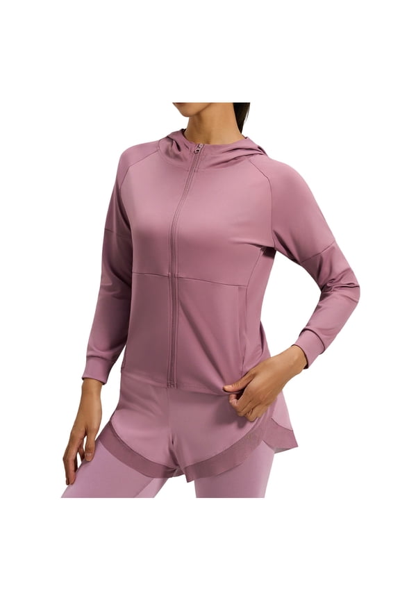 Zip Up Yoga Jacket For Women, Long Sleeve Stand Collar Running Jacket, Solid Color Elegant Workout Coat, 4-Way Stretch Active Sportswear Purple 2XL