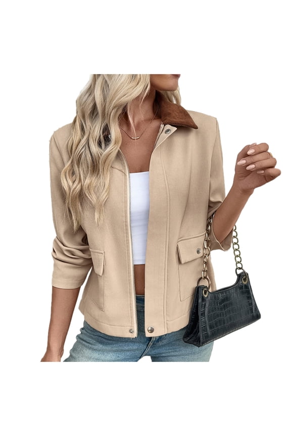 Zip Up Womens Jackets Cropped Open Front Coat Long Sleeve Tops Lapel Overcoat with Pockets Dressy Loose Fit Outerwear Jacket Business Work Outfits Going Out Top Stylish Casual Costume