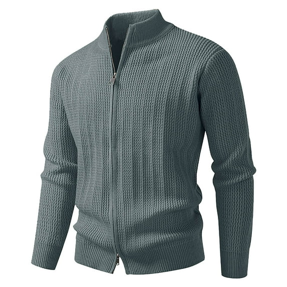Zip up Cardigan Sweaters for Men Stand Collar Two-Way Zipper Soft Knit Cardigans Slim Fitting Warm Fall Winter Coats Gray M