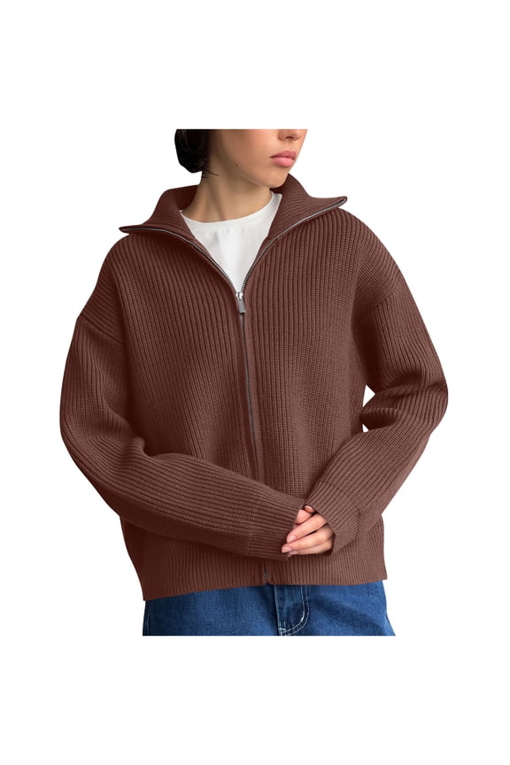 Zip up Cardigans for Women Fall Trendy Long Sleeve Chunky Sweater Cardigan Knit Open Front Collared Zipper Sweaters Coat (M, Brown)